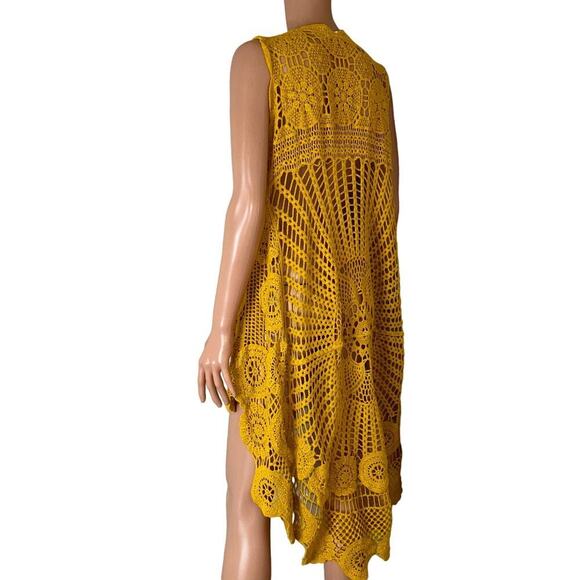 Anna-Kaci Mustard Yellow crochet cardigan swimsuit coverup high low floral SZ SM - Picture 8 of 9